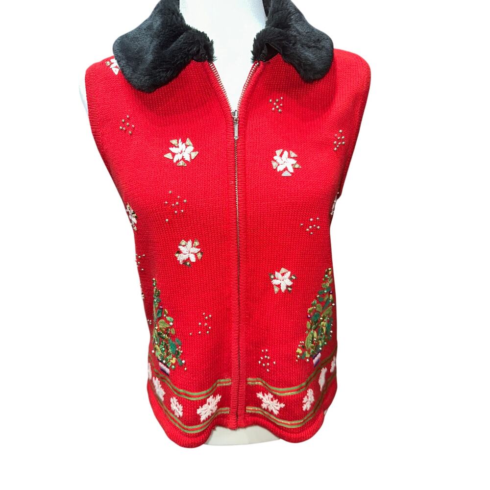 Women’s Christmas Vest sleeveless Fuzzy Collar Snowflakes Christmas Tree S Red